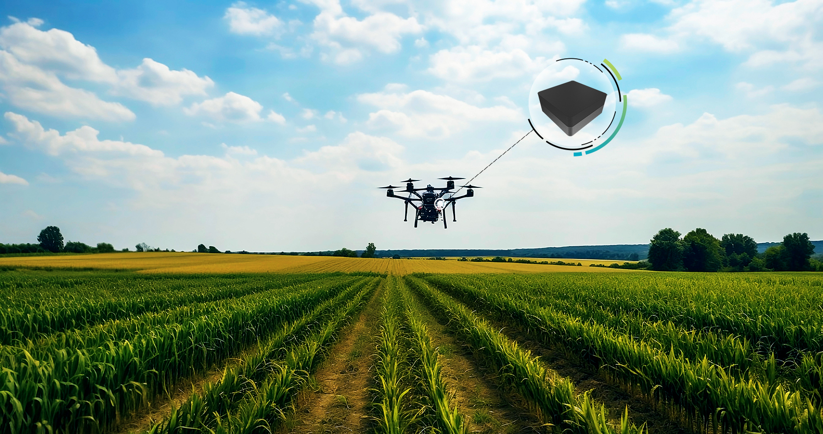 Drone flying over an agriculture field with a callout to an Antcom 1.2G antenna